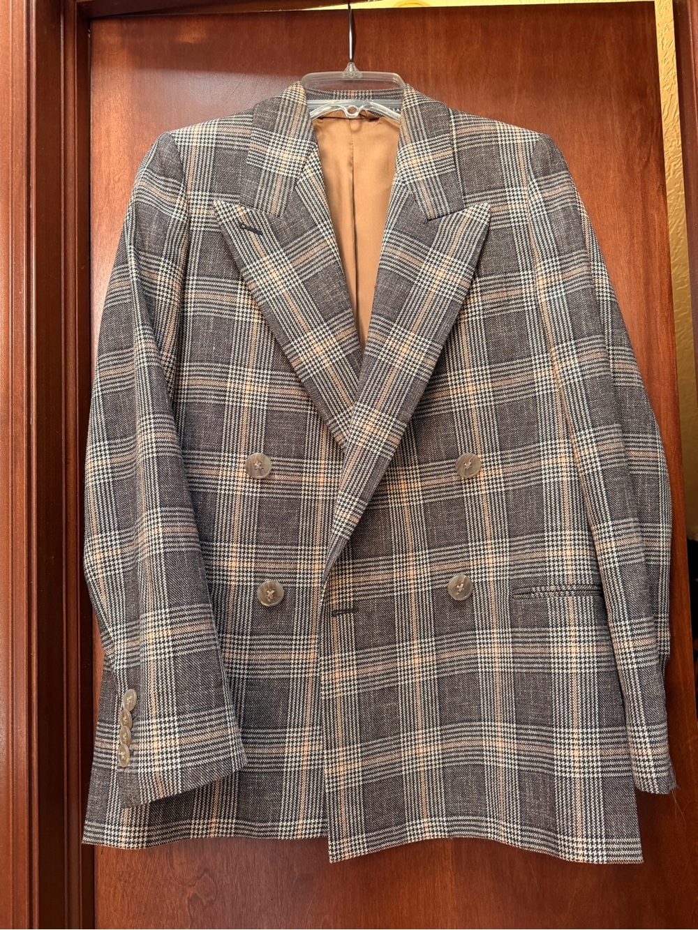 NEVER WORN Acne Double-Breasted Plaid Blazer in Gray and Tan 34 (2-4)